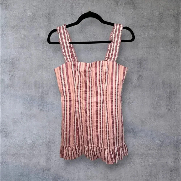 Alexis Womens Brandy Mini Dress Pink Rose Stripe Wide Ruffle Shoulder Medium - Picture 2 of 12